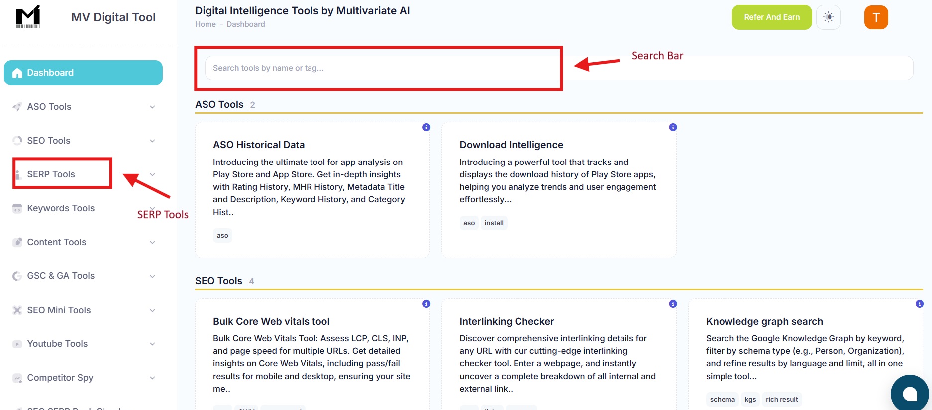 SERP Tools section in navigation menu