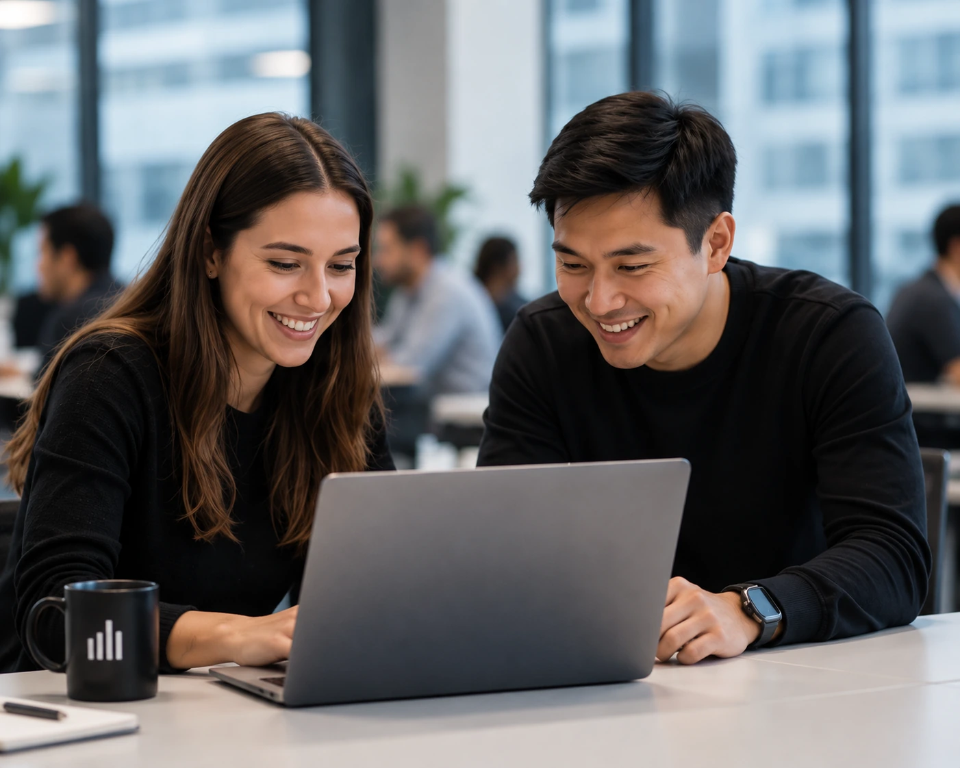 Two colleagues laughing at a laptop in an open-plan office