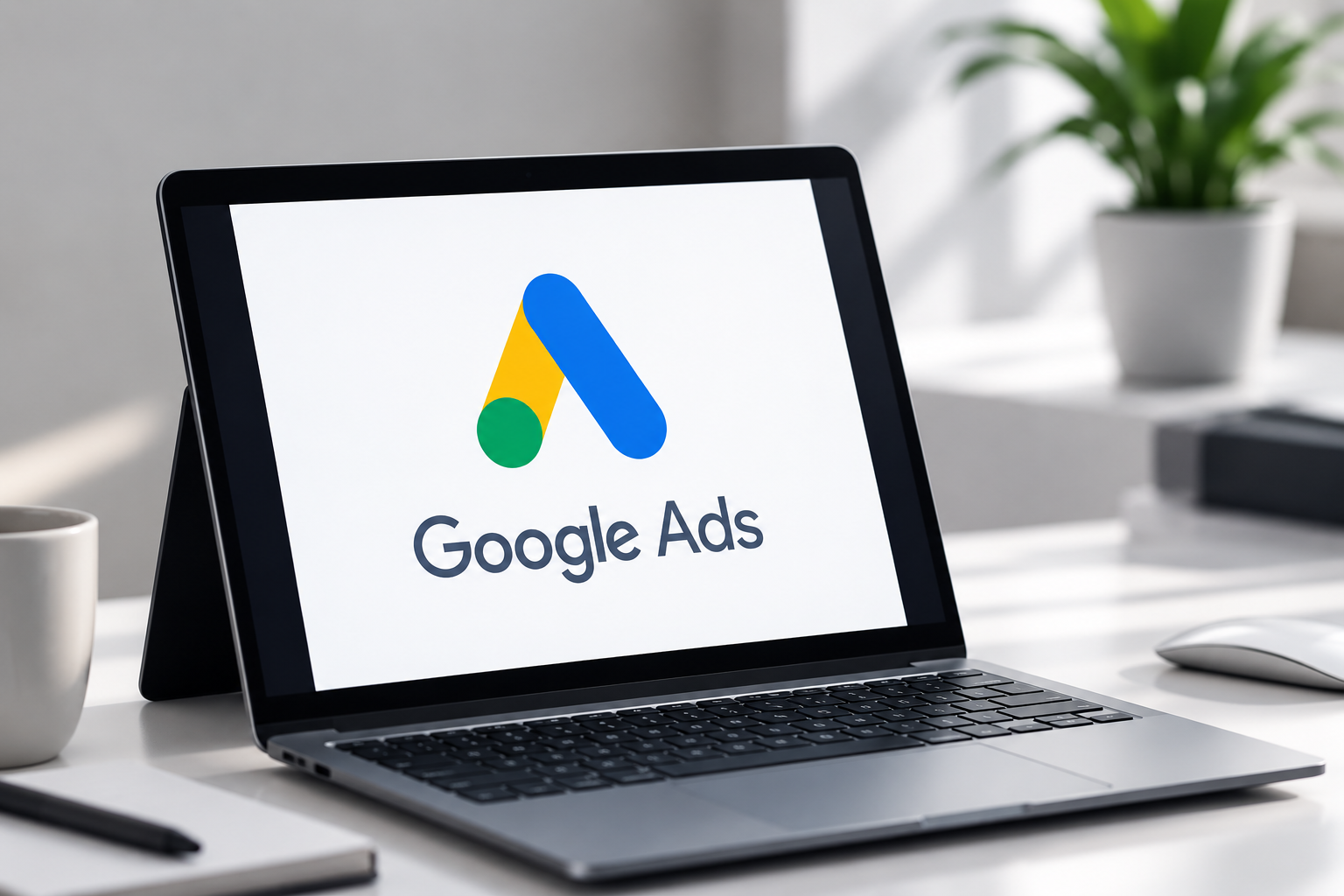 A laptop on a bright desk showing the Google Ads logo