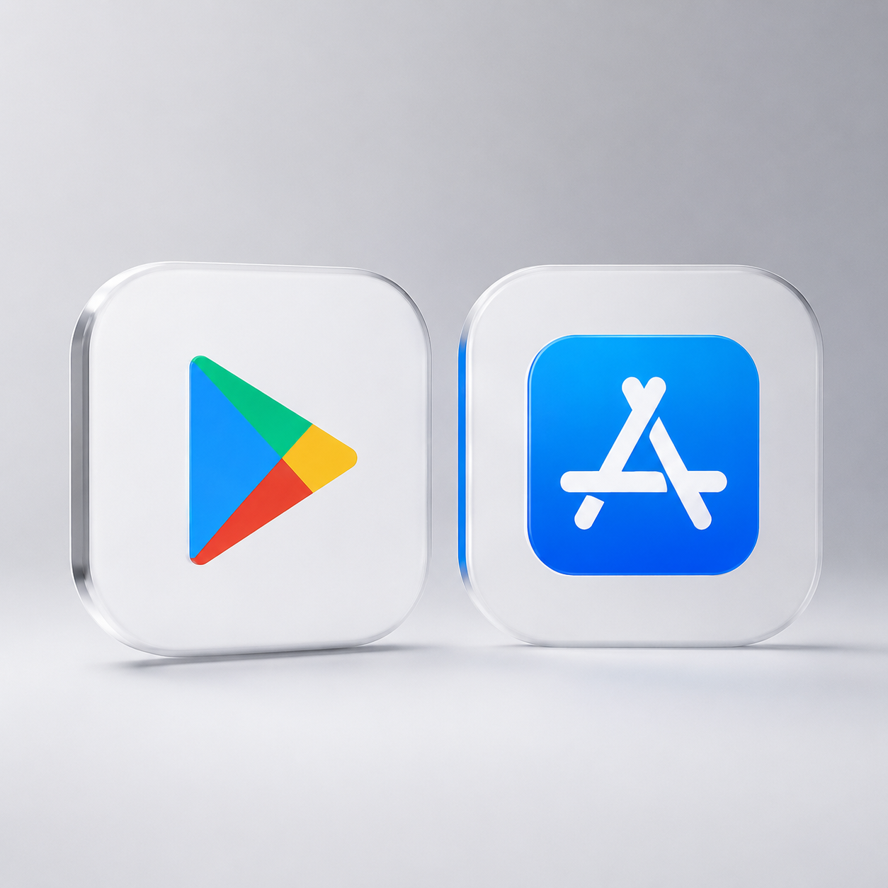 The Google Play and App Store icons as two rounded tiles