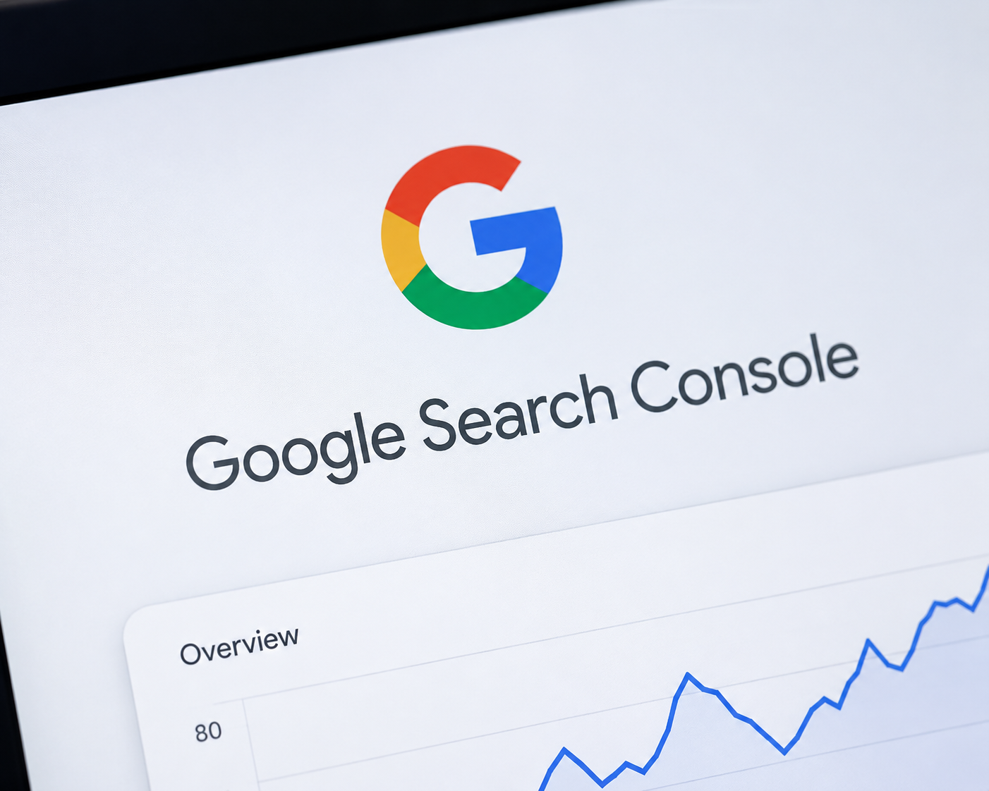 A close-up of a screen showing Google Search Console with a rising traffic graph