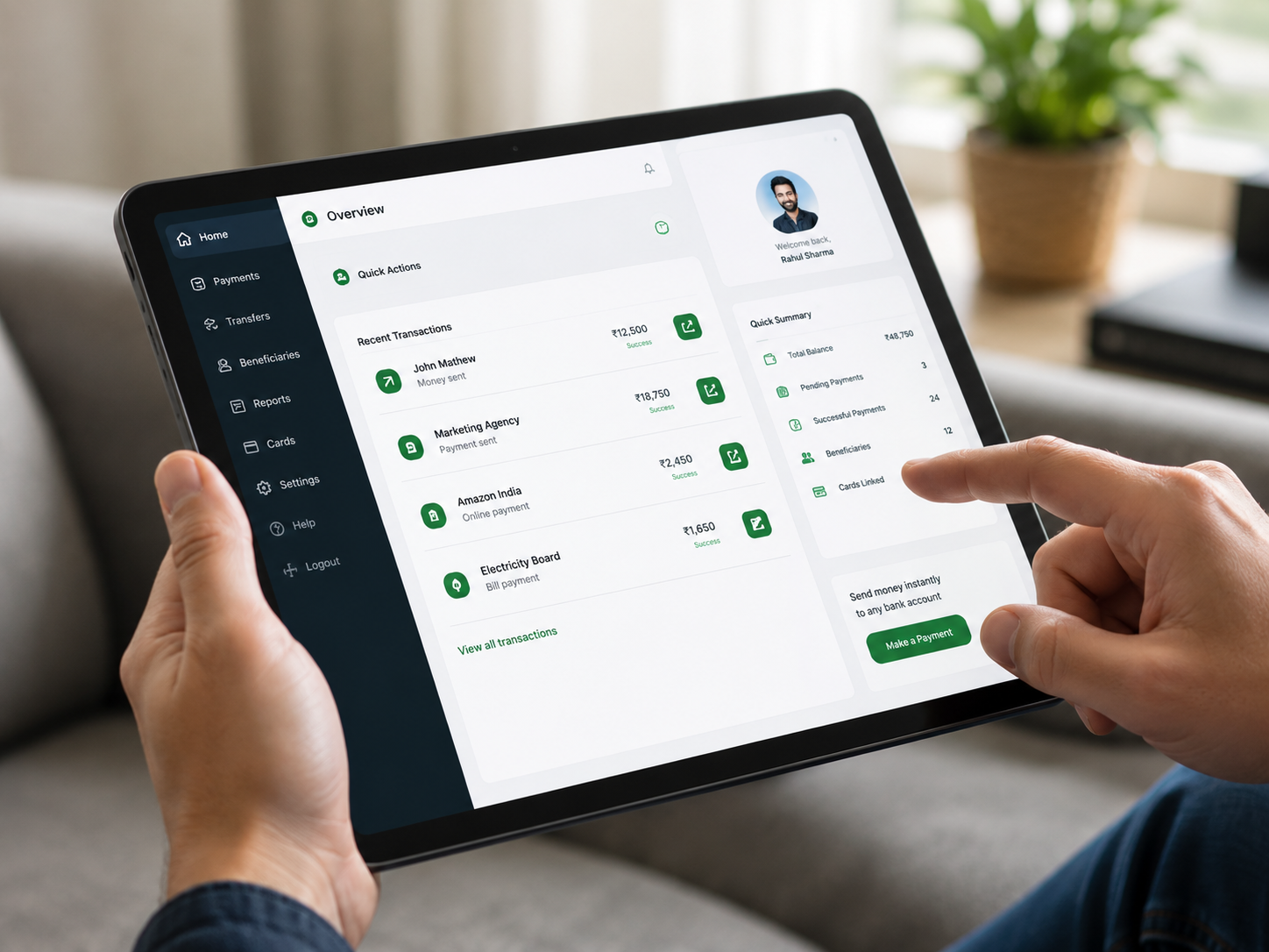 Hands using a tablet showing a customer dashboard