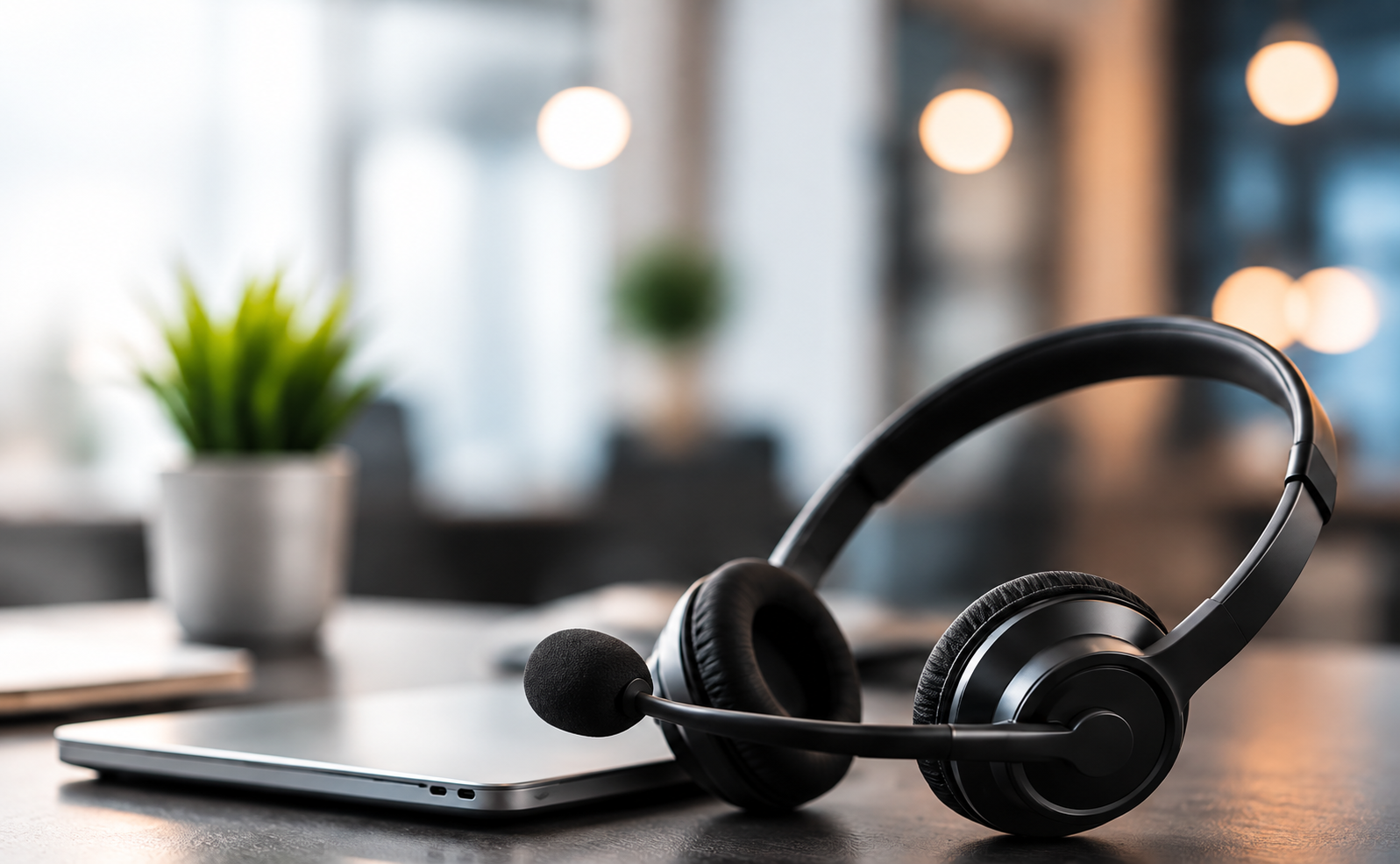 A headset resting on a desk beside a laptop