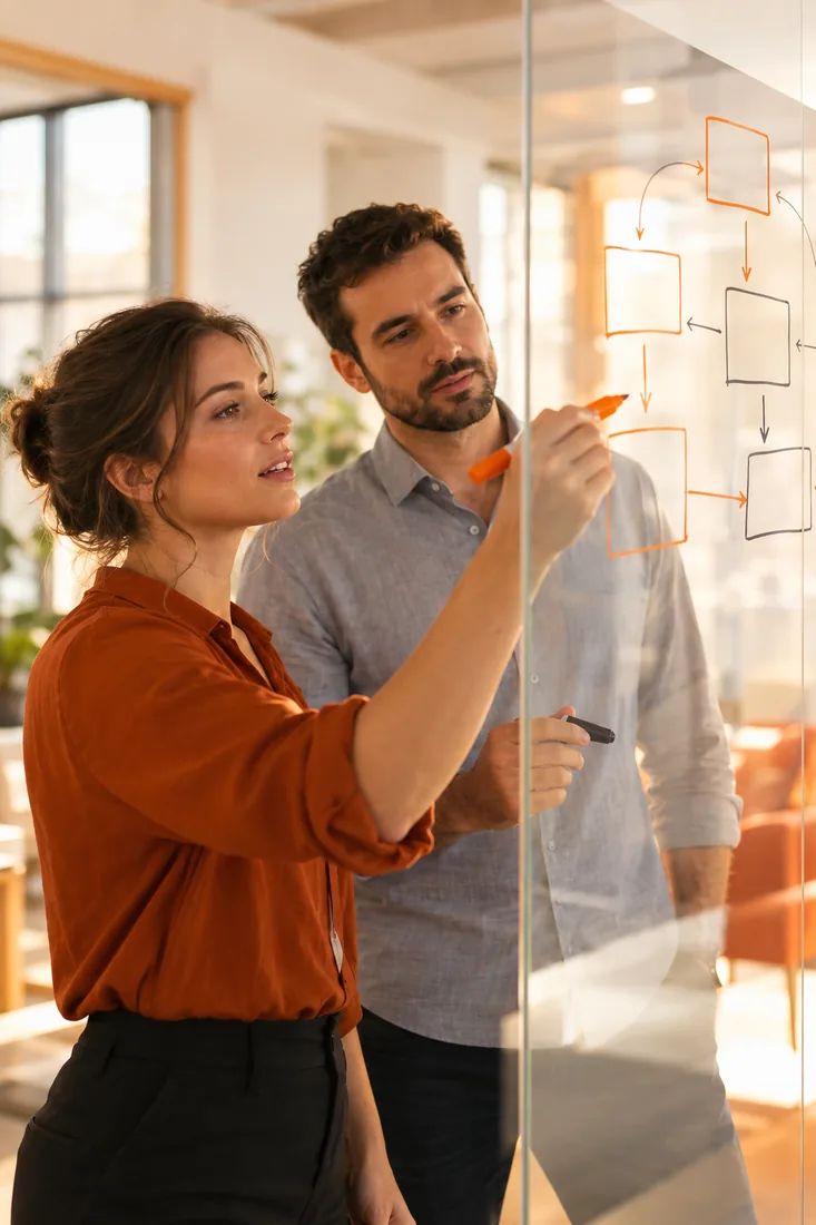 Two people mapping systems on a glass wall