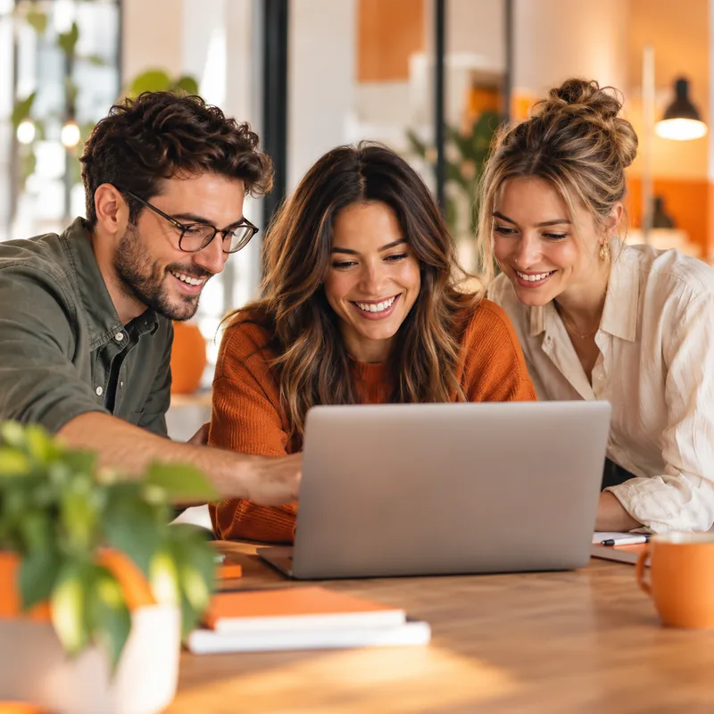 Marketing team reviewing a campaign on a laptop