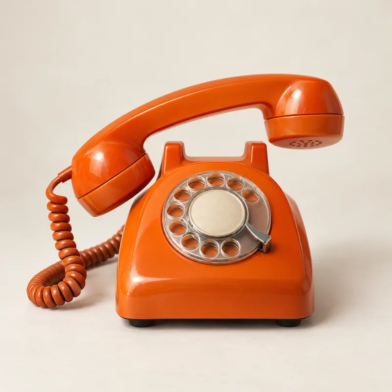 Vintage orange rotary phone with the receiver lifted