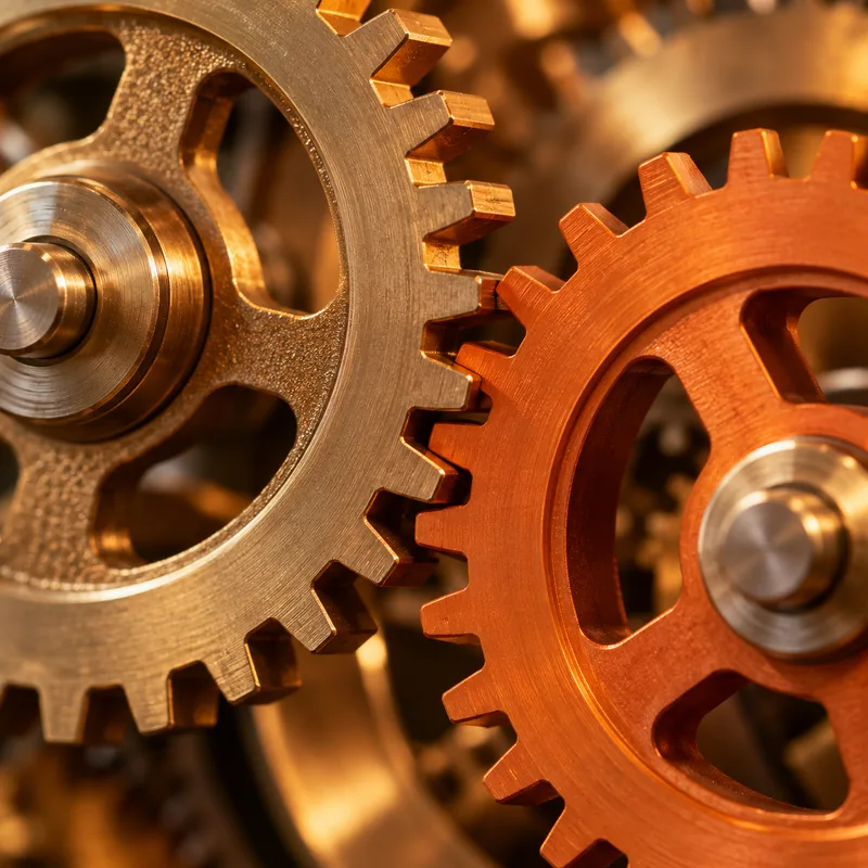 Brass and orange gears interlocking