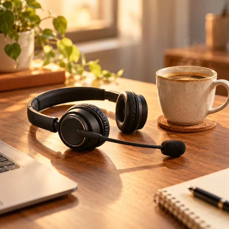 Headset resting beside a cup of coffee
