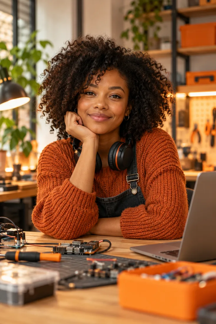 Engineer smiling at a workbench