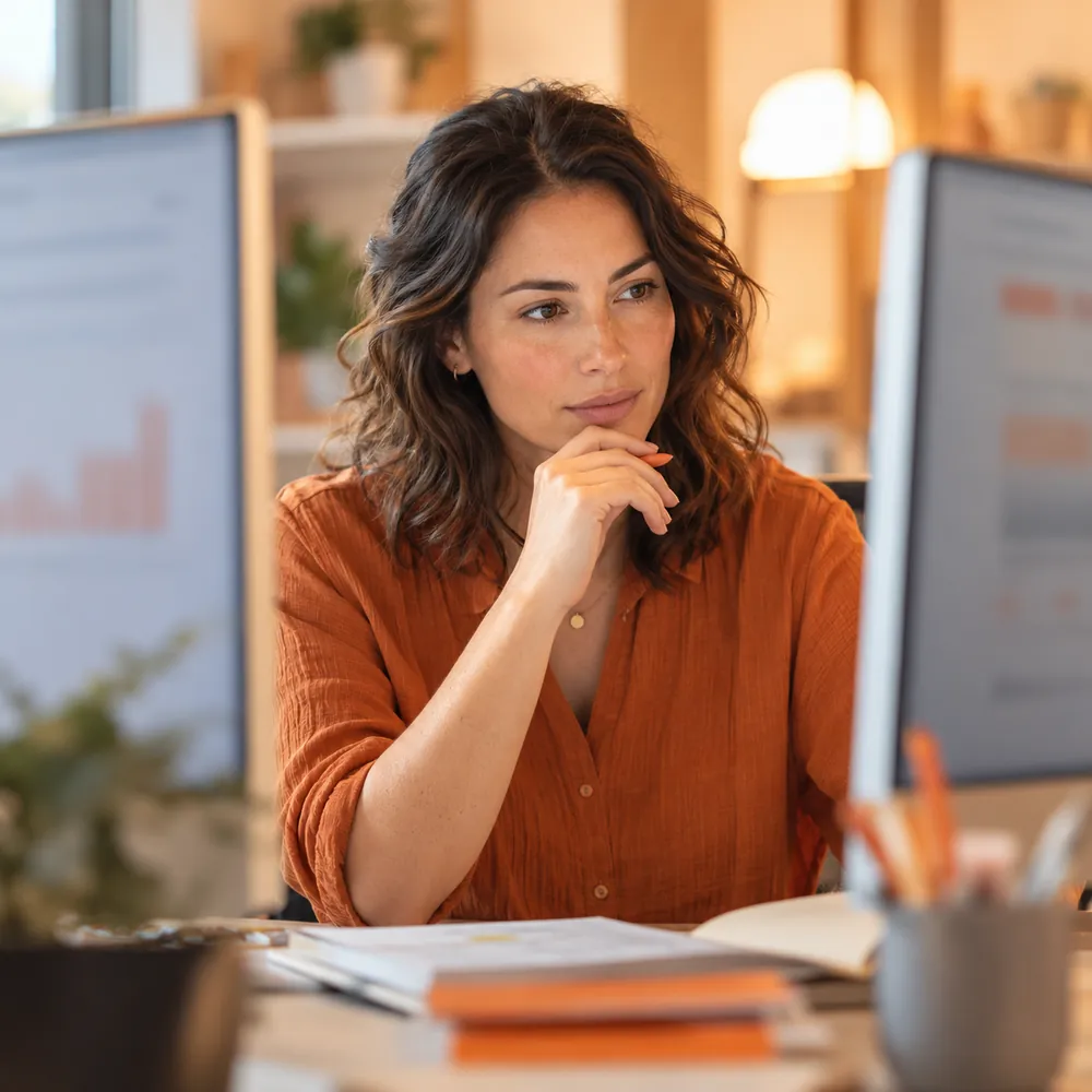 Operations specialist comparing data on two monitors