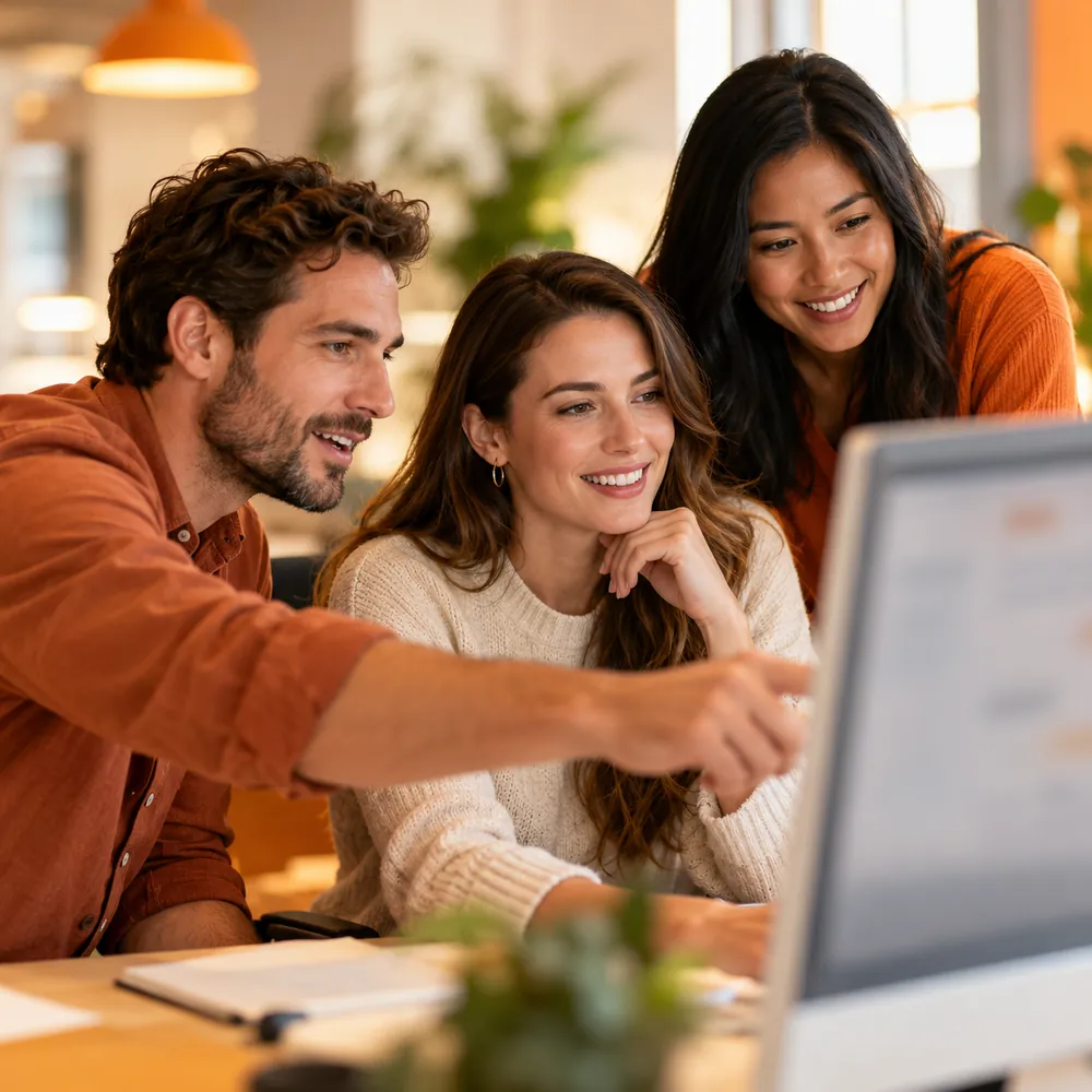 A team checking results on a large monitor
