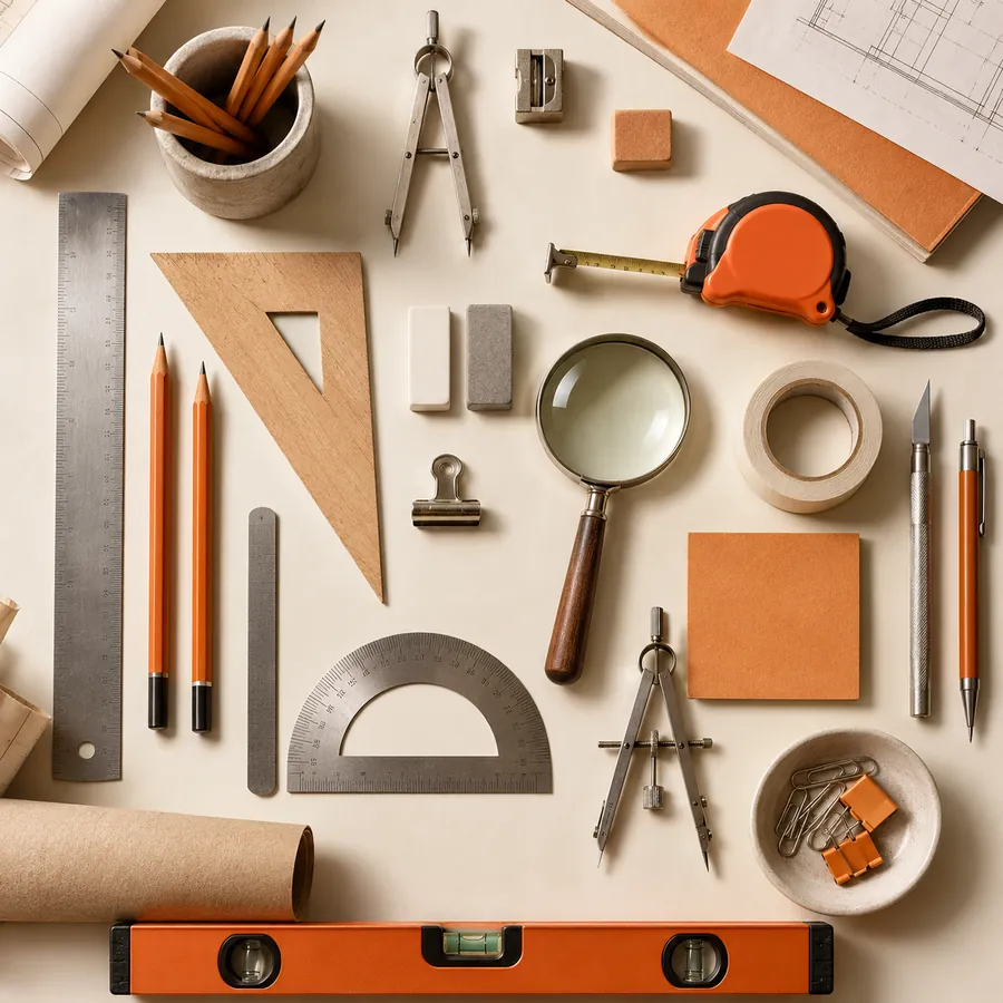 Architect's drafting tools laid out on a cream surface
