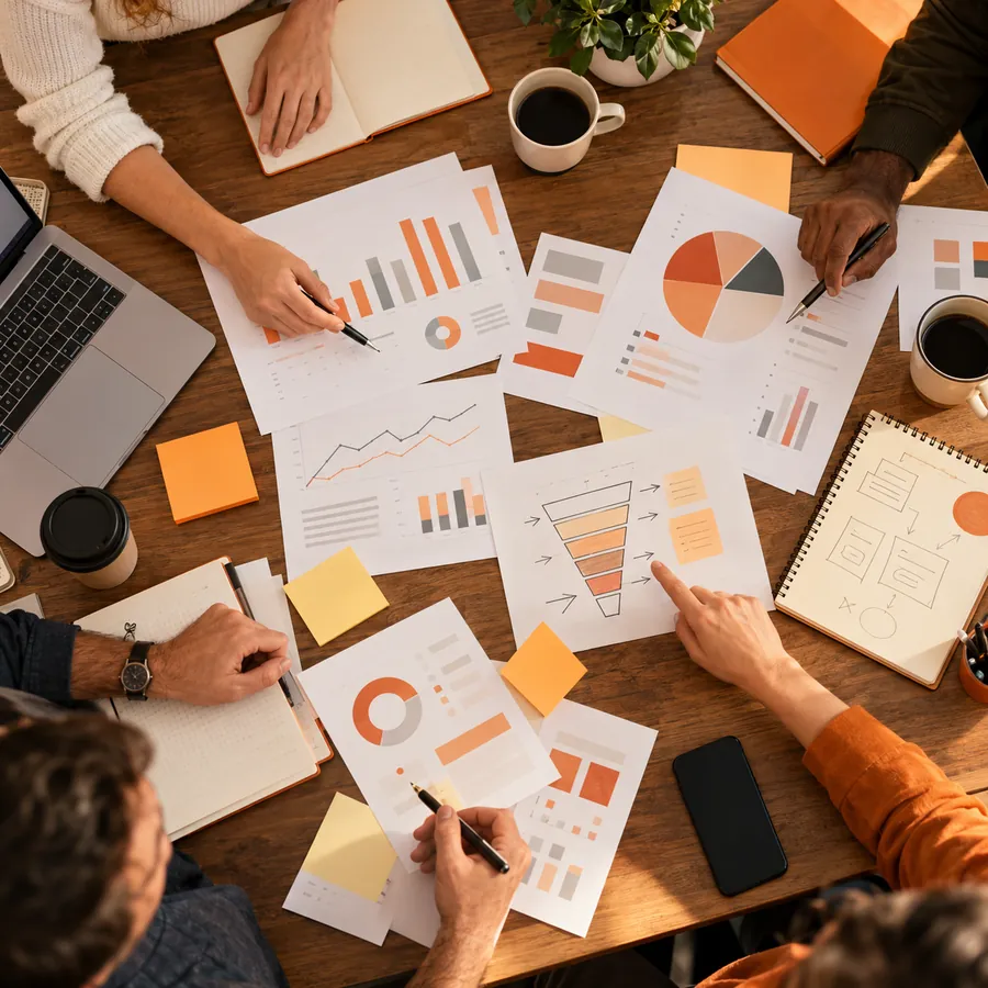 Revenue reports and charts spread across a table