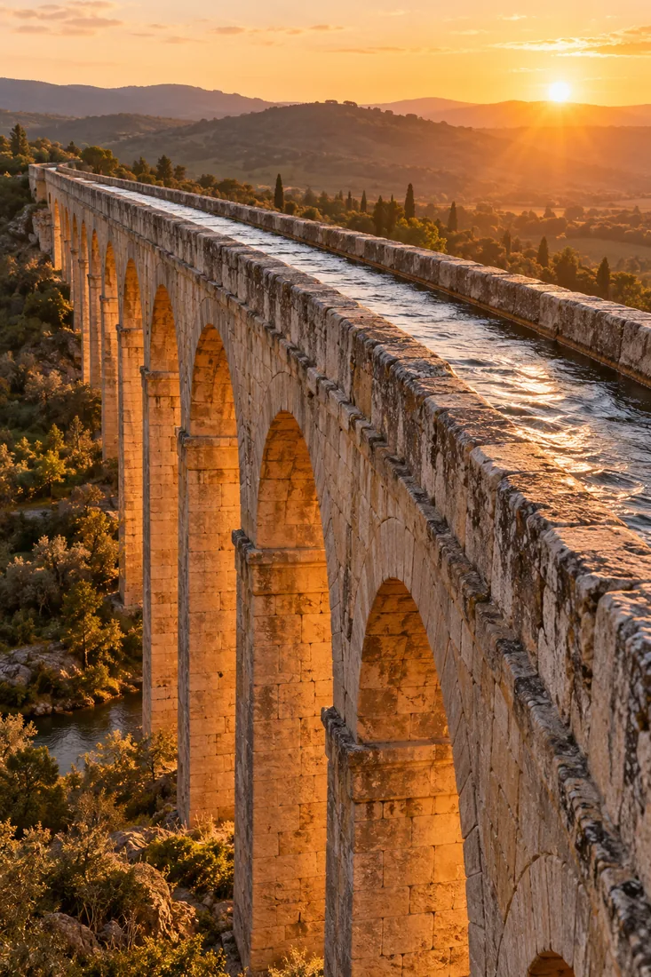 Ancient aqueduct at sunset