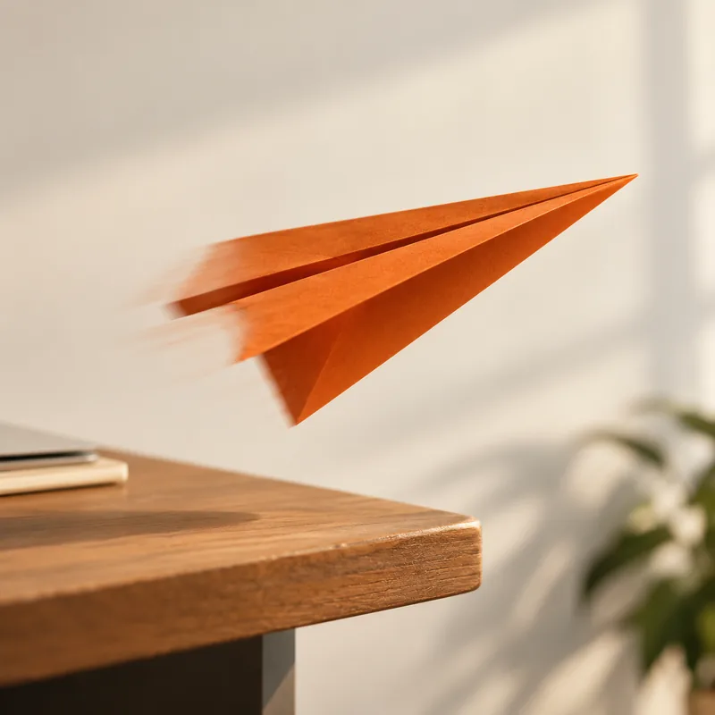 Orange paper airplane taking off from a desk