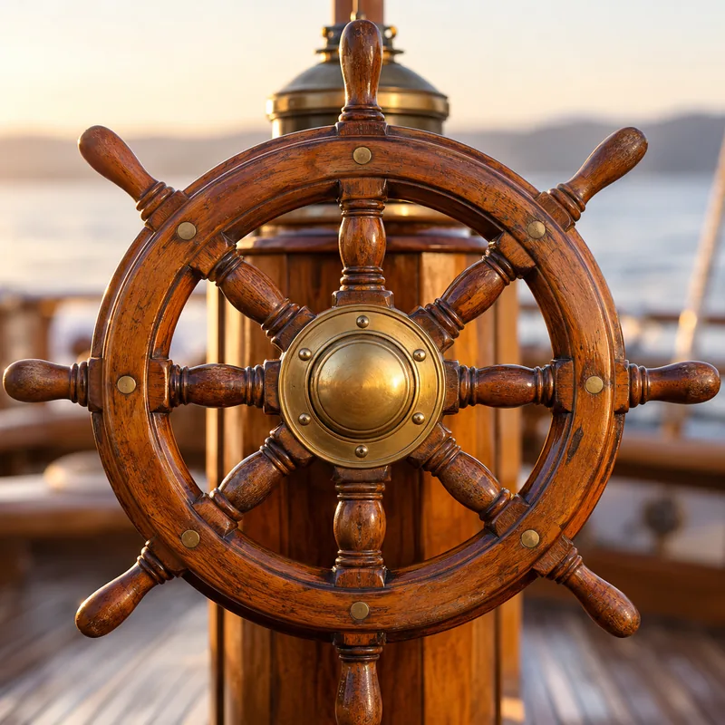 Wooden ship's wheel in sunlight