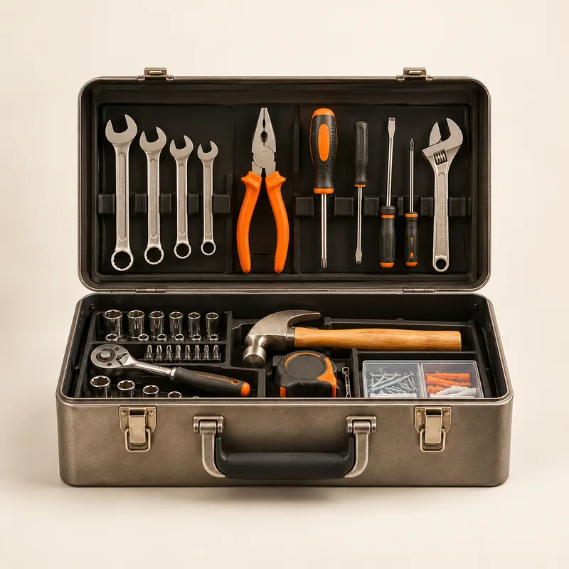Open toolbox with orange-handled tools
