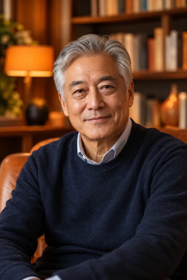 Senior advisor seated in a warm library