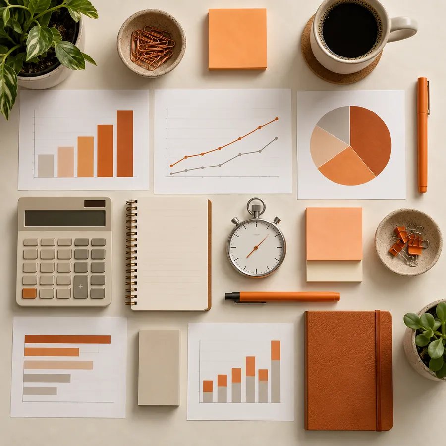 Planning table with charts, calculator and stopwatch