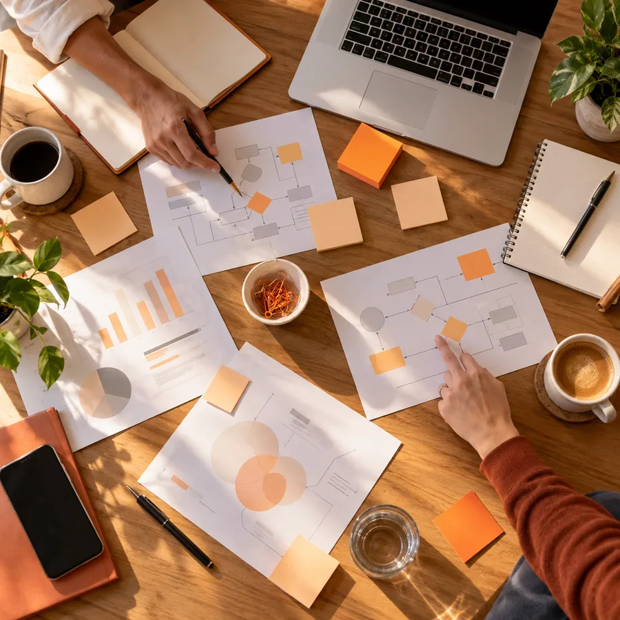 Overhead view of a workshop with flowcharts