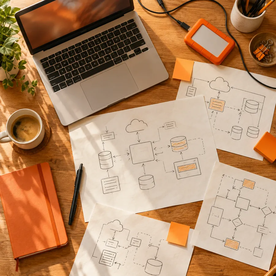 Architecture sketches of connected systems on a desk