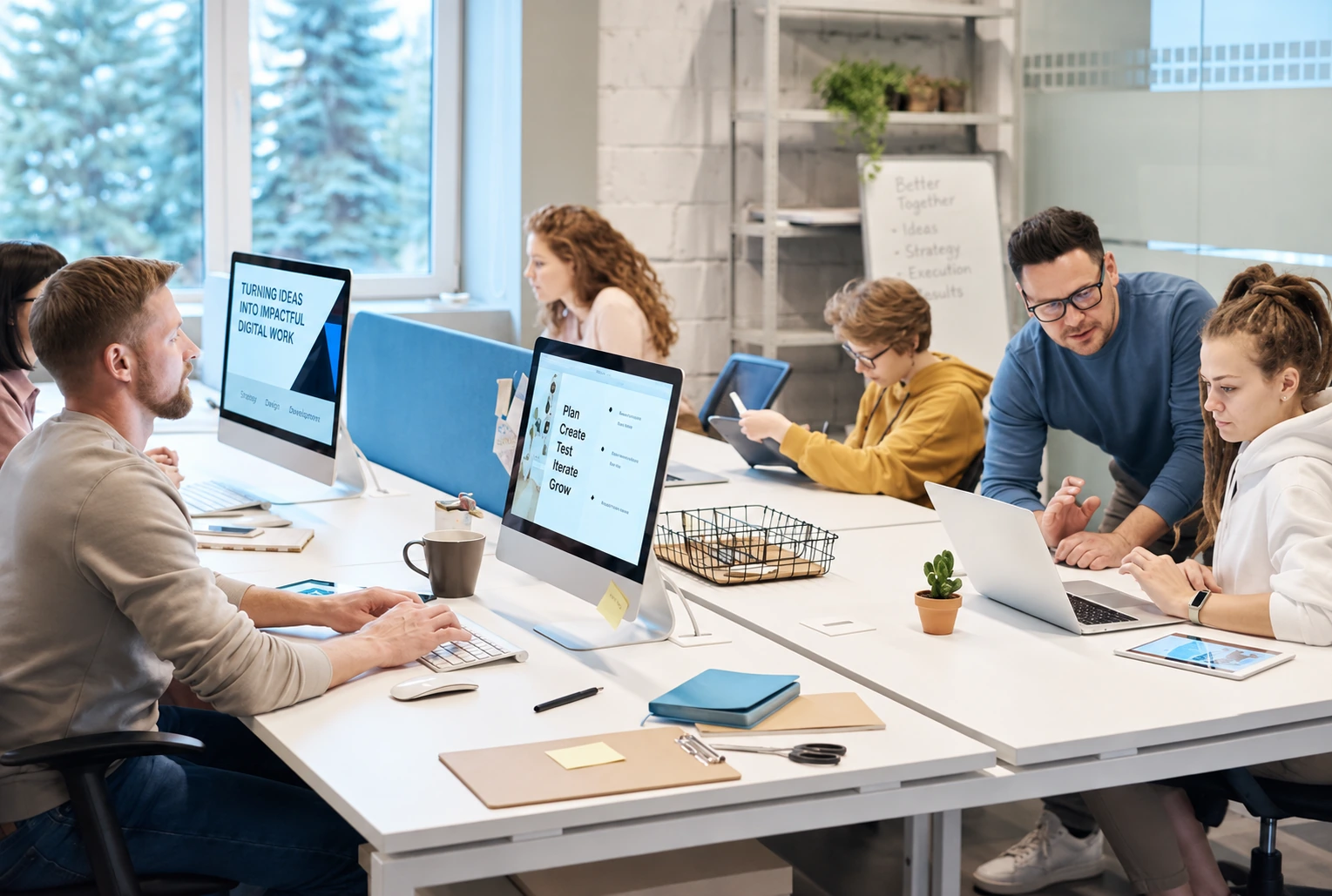A team working together along a shared desk in a bright studio