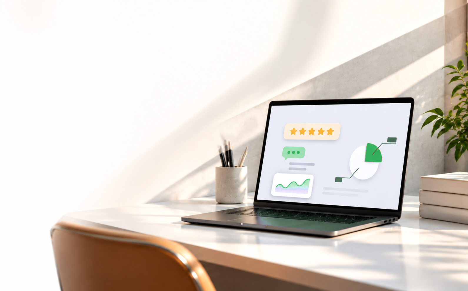 A laptop on a bright desk showing a feedback and analytics dashboard