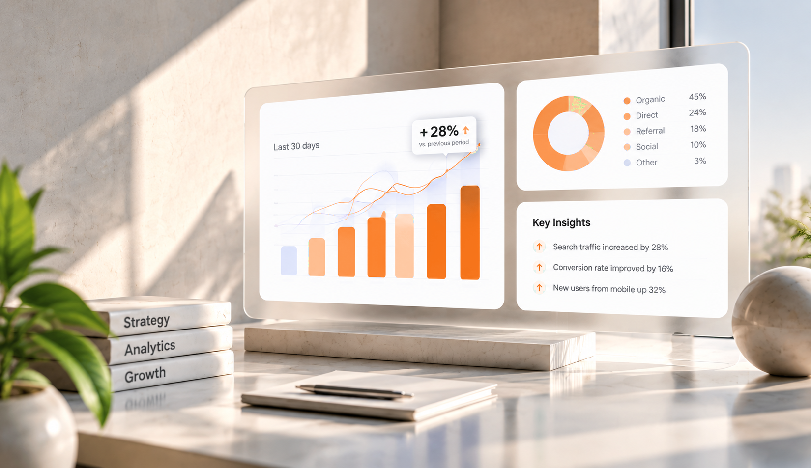 A sunlit desk with a widescreen analytics dashboard showing growth, traffic sources and key insights
