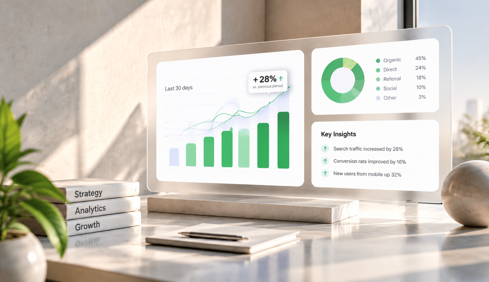 A sunlit desk with a widescreen analytics dashboard showing growth, traffic sources and key insights