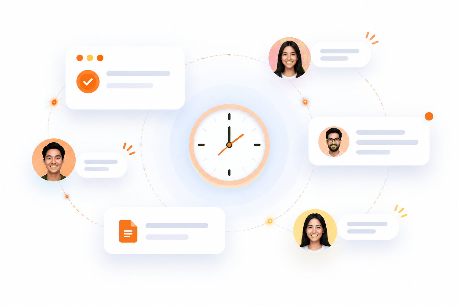 Teammates commenting on a shared task board around a clock, with a completed task, a shared document and live replies