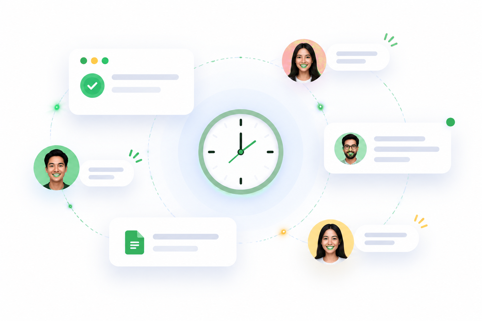 Teammates commenting on a shared task board around a clock, with a completed task, a shared document and live replies