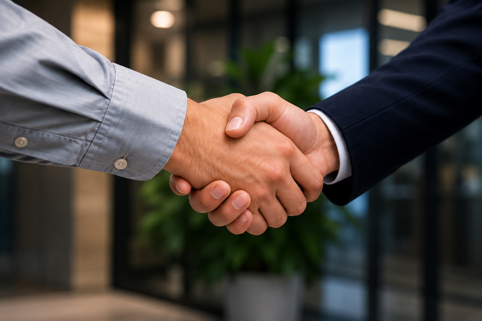 Two people shaking hands in an office