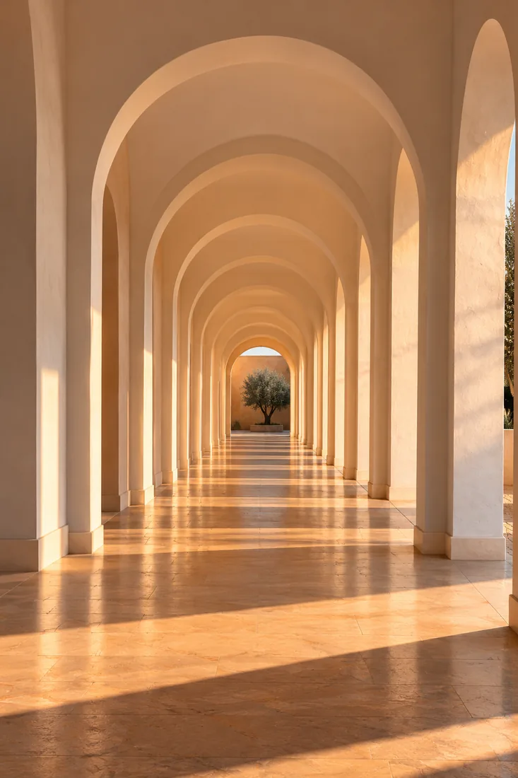 Sunlit corridor of white arches