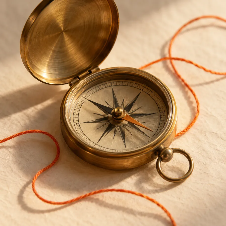 Antique brass compass on cream paper with orange thread