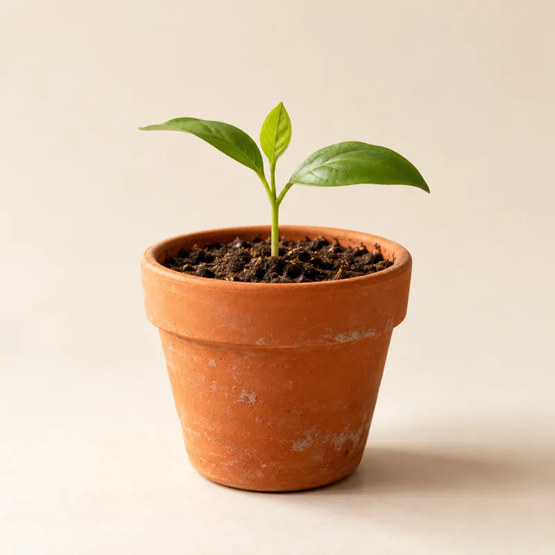 A seedling growing in a terracotta pot
