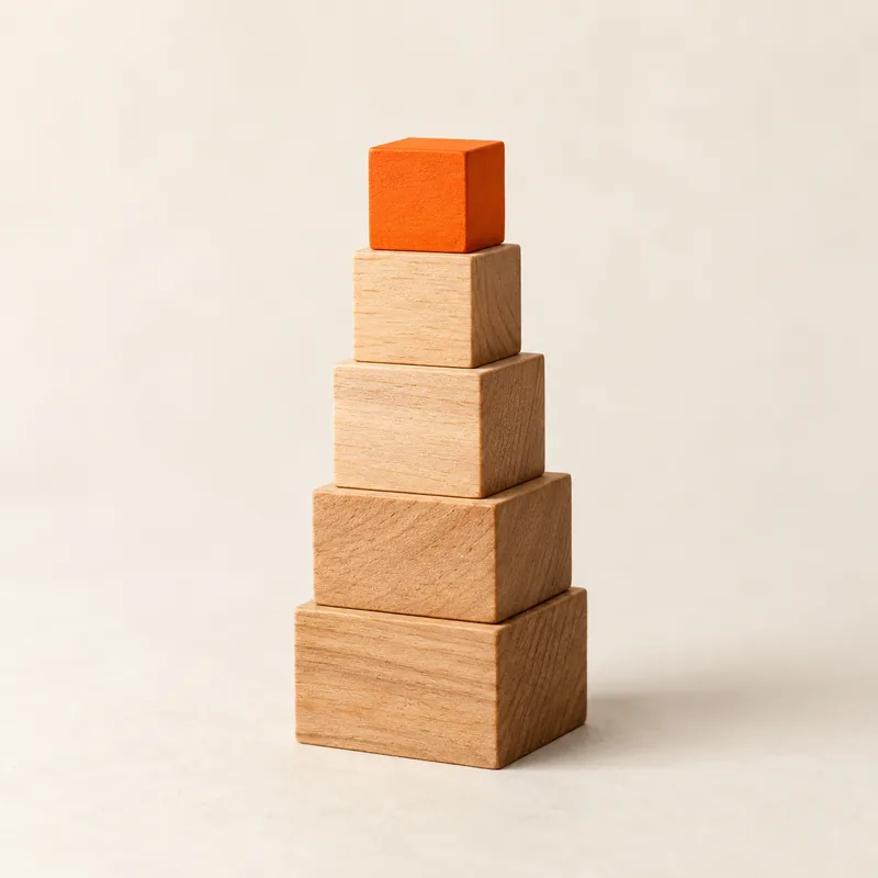 A tower of wooden blocks topped with an orange block