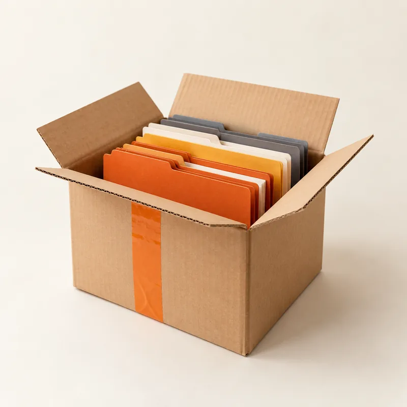 Folders packed in an open moving box