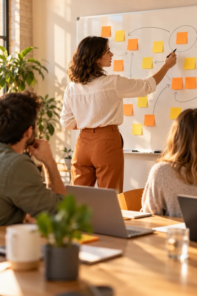 Consultant leading a discovery workshop at a whiteboard