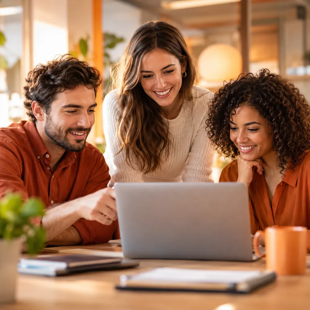 A team gathered around a laptop during training