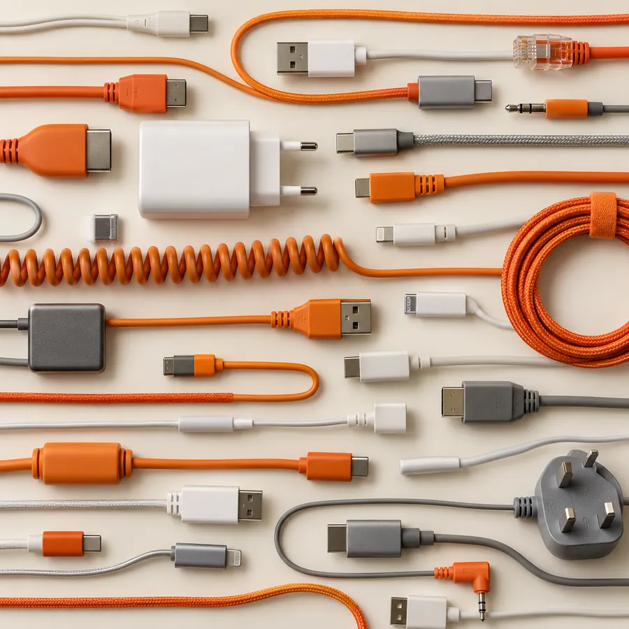 Cables and connectors arranged in rows
