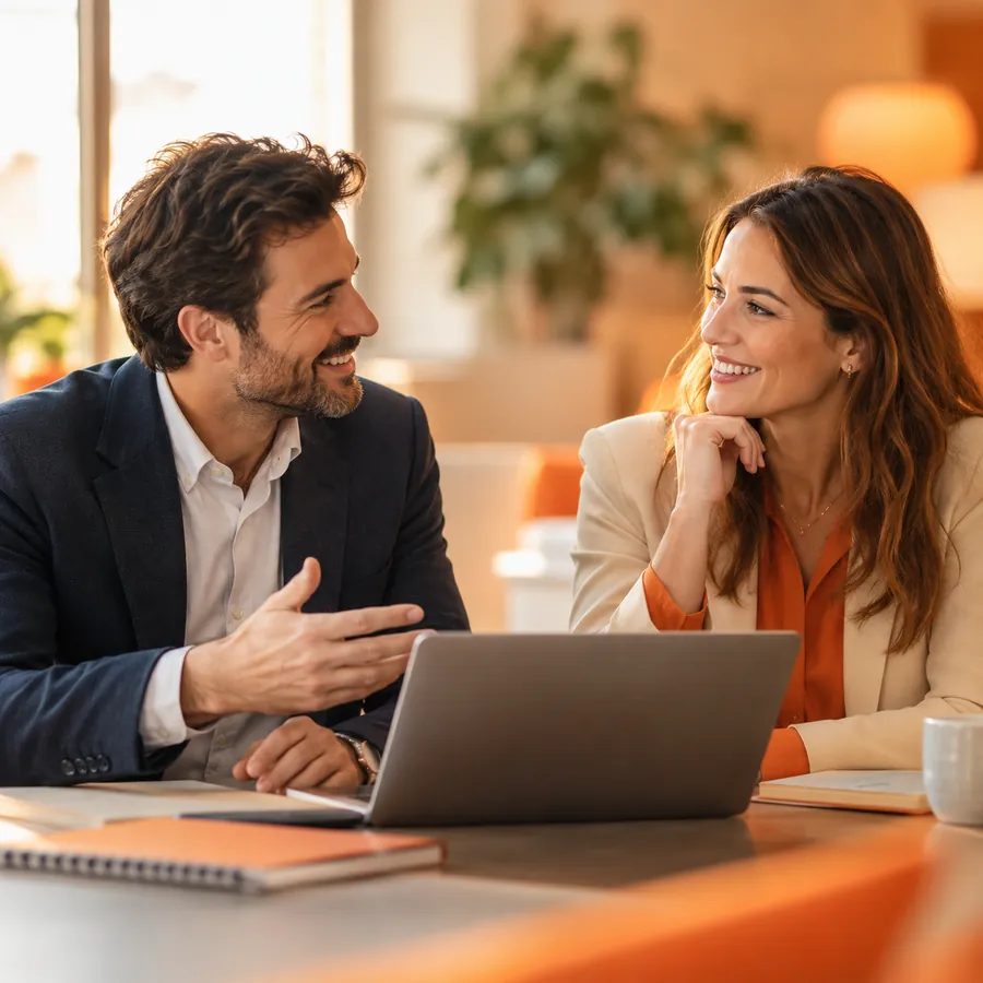 Two colleagues talking through a plan at a laptop