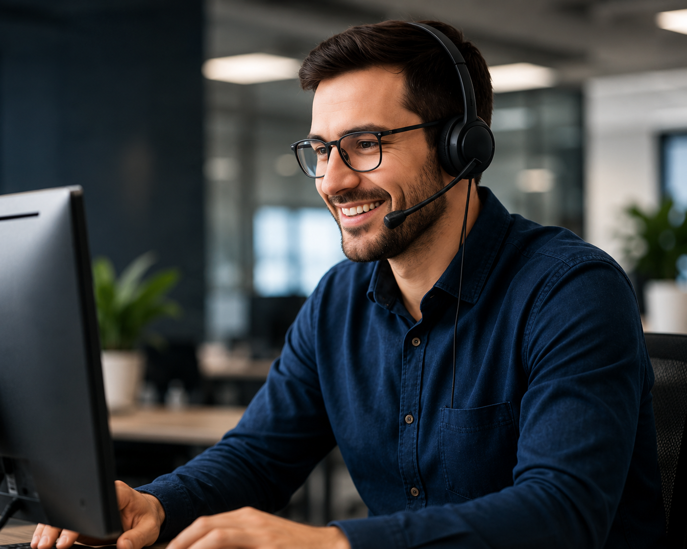 A support agent wearing a headset at their desk